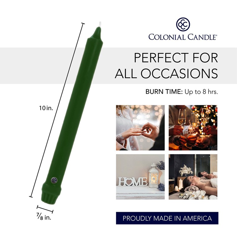 Colonial Candle Unscented Taper Candle, Classic Collection, Evergreen, 10 In,