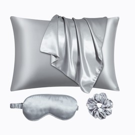 URLINENS Satin Pillowcase for Hair and Skin, Vegan Silk Pillowcase Set-2 Satin Pillowcases, 1 Eye Mask, 1 Scrunchie-Luxury Sleep Set, Silver Gray Pillow Cases with Envelope Closure Standard Size