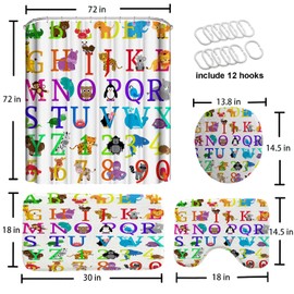 GRIEKOWE Cartoon Animal Alphabet Shower Curtain Sets, 4 Pcs Kids Educational Graphic ABC Learning Shower Curtain for Bath Curtain Set with Rugs,Cartoon Fun Facts Geography, with 12 Hooks(72X72in)