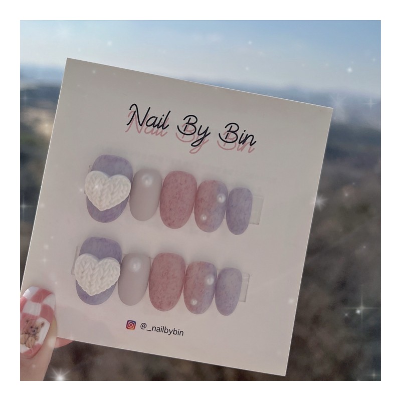 [Handmade Nail Tips] Cozy Heart Knit Nails - Short Ballerina