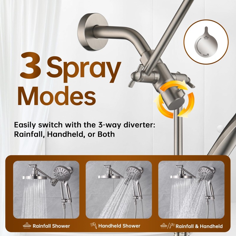 BRIGHT SHOWERS Rain Shower Head with Handheld Spray Built-in Power
