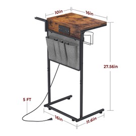 Evermagin C Shaped End Table with Charging Station, Small TV Tray with Cup Holder and Phone Holder, Couch Side Tables that Slide Under with Storage Bag for Sofa, Recliner, Rustic Brown