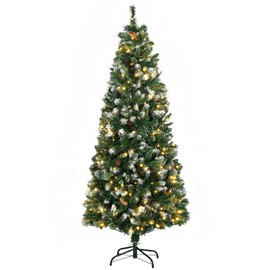 HOMCOM 6ft Tall Skinny Prelit Artificial Christmas Tree Holiday Décor with 703 Snow-Dipped Branches, 250 Warm White LED Lights, Auto Open, Colorful Powder, Green