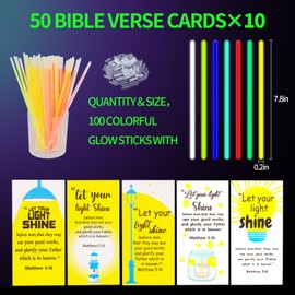 LiYiQ 50 Packs Christian Gifts Cards with 100 Glow Sticks Let Your Light Shine Cards with Glow Sticks Religious Bible Verse Cards for VBS Sunday School Supplies (Christian)