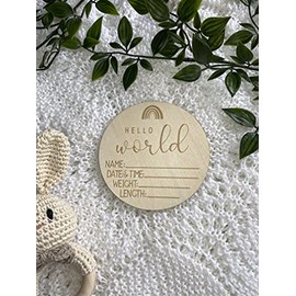 Baby J's - Hello World, Birth Announcement Wooden Disk, Rainbow Design - Perfect Baby Shower or Newborn Gift - Can be Used as Flat Lays or Kept as a Keepsake - with Organza Gift Bag - 10cm