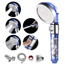 MIAOHUI Blue Zenbody Shower Head with Filter Beads, 3 Modes Showerhead with On Off Switch, Handheld Eco Water Spa Shower Head with Hose, Adjustable Bracket, Self-adhesive Holder