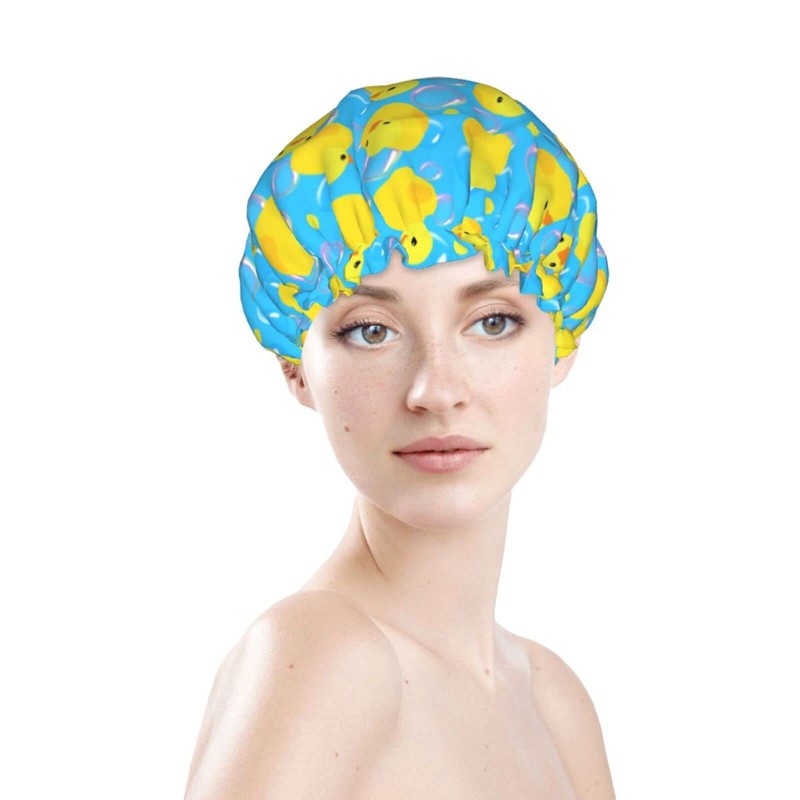 Yellow Rubber Ducks Shower Cap For Women Adjustable Double Waterproof