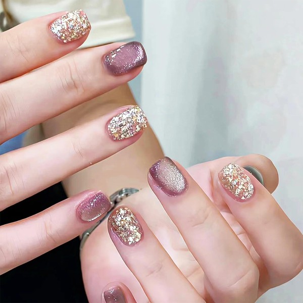 Purple Cat Eye Press on Nails, Glossy Glitter Short Square
