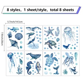 CRASPIRE 8 Styles Ocean Wall Stickers Sea Animals Turtle Jellyfish Window Stickers Decals Blue PVC Waterproof Self Adhesive Wall Cling for Home Decor Bedroom Living Room Kitchen Showcase Bathroom Gift