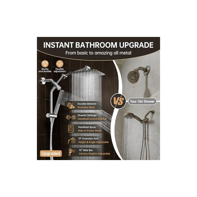 Veken All Metal 10"Luxurious Rain Shower Head with Handheld Spary,Power