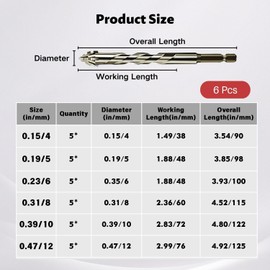 6-Piece Sawtooth Drill Bit 4/5/6/8/10/12 mm Drill Bit with 4 Cutting Edges, Four-Edged Sawtooth Eccentric Drill Bit for Concrete, Glass, Ceramic, Wood, Metal, Drilling