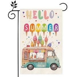 Hello Summer Colorful Car Ice Cream Garden Flag 12x18 inch Double Sided Burlap Home Outdoor Yard Decor Flag