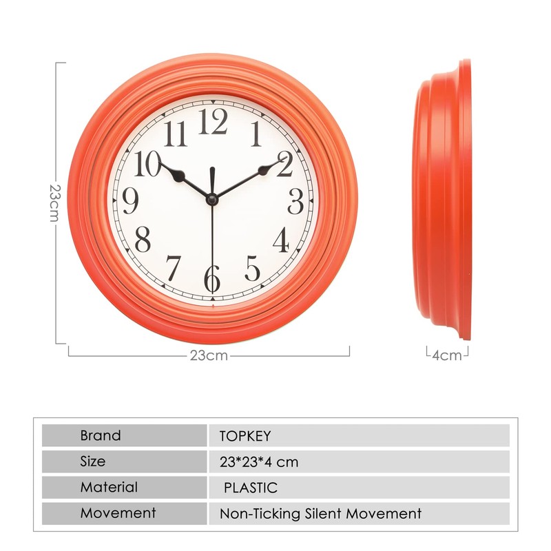 Topkey Silent Wall Clock Kitchen 9 Inch Retro Non-Ticking Decorative