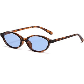 Breaksun Retro Oval Sunglasses for Women Trendy Oval Narrow Cat Eye Sunnies 90s Vintage Shades (Brown leopard/Blue)