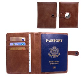 AirTag Wallet Passport Travel Package Cover Case with AirTag Holder Tourist Accessory with Vaccine Card Slot for Men and Women Anti-Lost PU Leather Passport Holder (Brown)