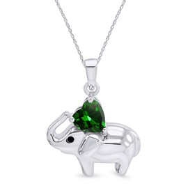 AFFY Elephant Pendant Necklace Heart Shaped Simulated Green Emerald CZ 14K White Gold Over Sterling Silver