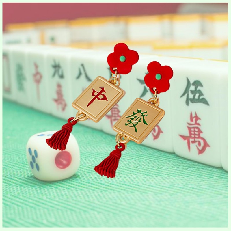 Shandini Mini Mahjong Earrings, China Coordination, Mahjong, Binaural, Drop Earrings,