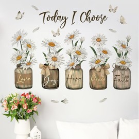 Yovkky Inspirational Quote Daisy Flower Wall Decals Stickers, Positive Today I Choose Love Joy Hope Peace Faith Home Bedroom Decor, Floral Mason Jar Butterfly Living Room Kitchen Decorations Art