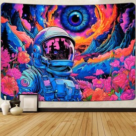 FENDROM Blacklight Astronaut Tapestry Hippie Eyes Tapestry UV Reactive Flowers Plants Tapestry Neon Galaxy Space Wall Hanging for Bedroom