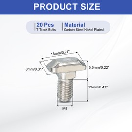 PATIKIL M8 x 14 mm Thread T-Slot Bolts, 20 Pcs Drop-in Bolt Hammer Head T-Bolt Standard 8 mm Sliding Screw Stud for 40 Series Aluminum Extrusion Profile, Silver