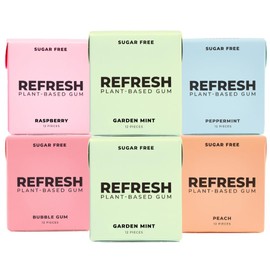 Refresh Gum, Xylitol, Natural, Sugar Free, Long Lasting, Plastic Free, Organic Ingredients, Non GMO, Peppermint, Garden Mint, Bubble Gum, Peach & Raspberry Variety Pack, 12 Pcs, 6 Pack