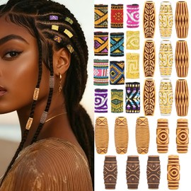 CooBigo 30pcs Hair Beads for Braids, 18 Plastic + 12 Fabric African Hair Dreadlock Beads Loc Hair Jewelry Imitation Wood Tube for Women Men Dreadlock 
