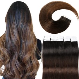 VINBAO Tape In Hair Extensions Human Hair Color 1B Off Black FadIng To 4 Middle Brown 50g 20Pcs 16 Inch Soft Thick End Durable Tape Silky Straight Balayage Hair Extensions(T16Inch, #1BT4)