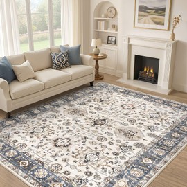 Area Rugs for Living Room : 10x14 Washable Rug Vintage Pattern Large Non-Slip Stain Resistant Soft Durable Floor Carpet for Bedroom, Dining Room, Home Office - Blue