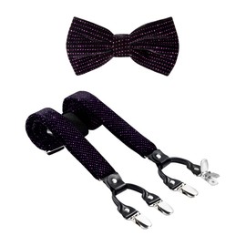 TIE G Men's Glitter Velvet Suspender + Bow Tie Set for Wedding, Party : Glittering Effects, Adjustable Braces, Strong 6 Clips (Galaxy Pink Metal)