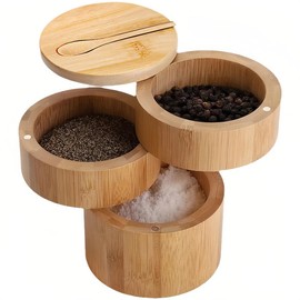 KITment 3 Tier Bamboo Salt Cellar, Salt Container Pepper Bowls Magnetic Swivel Lid Triple Spice Box with Spoon, Seasoning Storage Container for Kitchen Restaurant Hotel Canteen