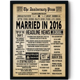 Stuff4 9th Anniversary Poster Framed - Married In 2016 Newspaper - Happy 9 Wedding Anniversary for Men Women Retro Vintage Gifts Back In 2016, 8x10 Inch Anniversaries Posters