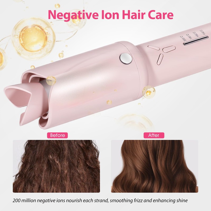 AraSyleon Cordless Curling Iron Automatic Hair Curler Rotating, Pink