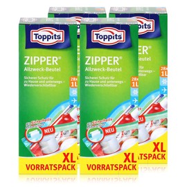 Toppits Zipper All-Purpose Bags 20 x 15 cm - Storage Pack XL 28 x 1 Litre (Pack of 4)