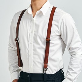 AGDHERSNVX Genuine Leather Suspenders for Men Heavy Duty Western Y Back Shape Adjustable Brown Wedding Groomsmen X-Large