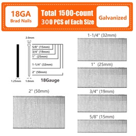 SITLDY 18 Gauge Galvanized Brad Nails Brown T-Head 5 Sizes 1500-Pack (5/8"+3/4"+1"+1-1/4"+2"),300 per Size, Assorted Size Project Pack, for Pneumatic, Electric 18GA Brad Nailer Gun