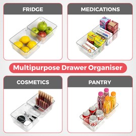 Amtido Drawer Organiser Tray Set - Clear Plastic Containers for Kitchen Utensils, Cosmetics, Food, and Stationery - Use in Drawers, Cupboards, Fridge, and Countertops (2 Pack - 15.2 x 15.5 x 8.3)