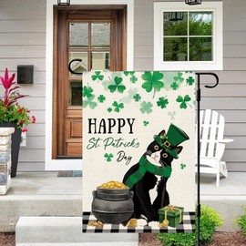 DLZDN Happy St Patricks Day Cat Garden Flag Shamrocks Clovers Tuxedo Cat Garden Flag 12×18 Inch Double Sided Buffalo Plaid Farmhouse Welcome Yard Flag Holiday Outdoor Decor