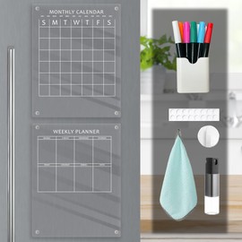 Isabella's House 2 Sets of Acrylic Calendar for Fridge, 16"" x 12"" Magnetic Dry Erase Board for Fridge, Magnetic Weekly Planner and Magnetic Monthly Calendar Includes 6 Accessories,, Transparent