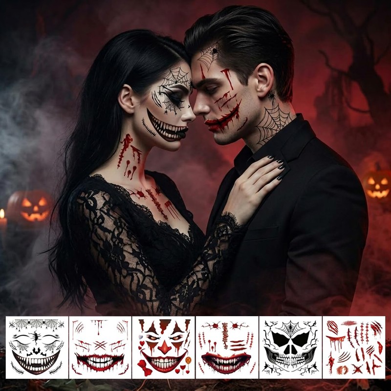 6 Sheets Halloween Face Tattoos, Halloween Scars Tattoos, Mouth Tattoo,