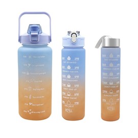 Summer Travel Gradient Water Bottles, 3 Counts/set Portable Tumbler with Straw & Strap, Reusable Water Bottles with Time Marks, Washable Drinkware:_Blue