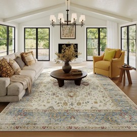 8x10 Feet Washable Vintage Bohemian Floral Area Rug - Non-Slip Foldable Floor Mat for Living Room, Bedroom, Dining Room, Kids Room, Office, Farmhouse Decor Carpet(Beige and Blue)