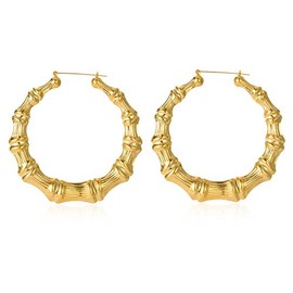 Gold Plated Bamboo Hoop Earring Hollow Casting Hip-Hop Statement Jewelry for Women Dia 85mm