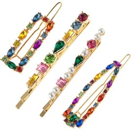 4Pcs Vintage Colourful Rhinestones Hair Clips, Duckbill Alligator Hair Pins, Crystal Pearl Hair Barrettes, Elegant Metal Bobby Hairpin Hair Accessories Headwear Styling Tools for Women Girls