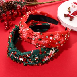 ANGLESJELL 2PCS Christmas Headband for Women Rhinestone Christmas Holiday Accessories Xmas Tree Snowflake Snowman Knotted Headbands Jeweled Crystal Beads Wide Top Knot Headband Festive Gifts