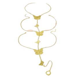 Butterfly Tassel Chain Arm Cuff for Women Butterfly Hand Chain Bracelet Butterfly Ring Bracelet Long Chain Butterfly Armband Charm Multilayer Armband Jewelry for Women (Golden, One Size)