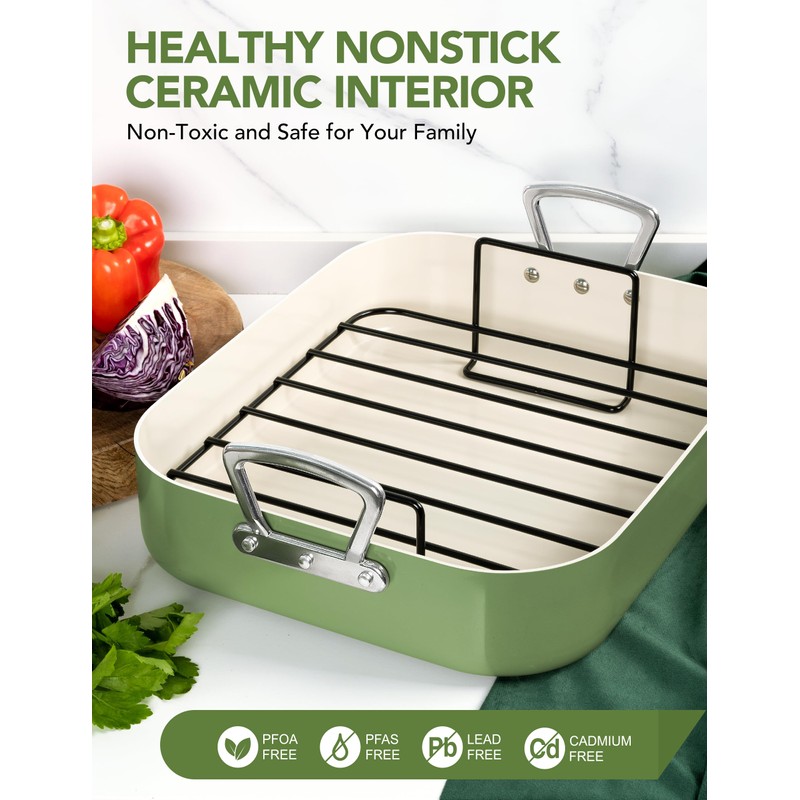 MICHELANGELO Nonstick Ceramic Roasting Pan with Rack, Turkey Roasting Pan