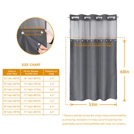 eachope 1 Pack Fabric Snap-in Shower Curtain Liner Replacement,Compatible with No Hook Shower Curtain with Snap in Liner, Removable & Water-Repellent,Machine Washable,53x60,Grey