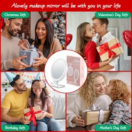 Alovely Travel Magnifying Mirror with Light, Lighted Makeup Mirror with 1X/10X Magnification Portable LED Vanity Mirror with 3 Color Lighting Brightness Dimmable Round Mirror for Home & Travel