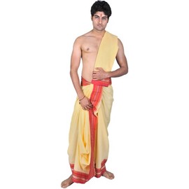 Dhoti and Veshti Set with Temple Border - Viscose - Color Pale Yellow