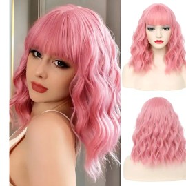Pelucas Para Mujer Ondulada Corto Pelo Rosa Cabello Natural